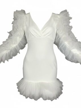 AKIRA White Ruffle Tulle Mini Dress, Wedding, Bachelorette, Engagement, Shower